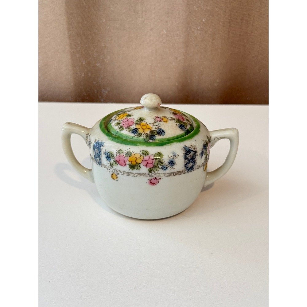 Antique Hand Painted Nippon Porcelain Floral Lidded Sugar Bowl Green Crown Mark